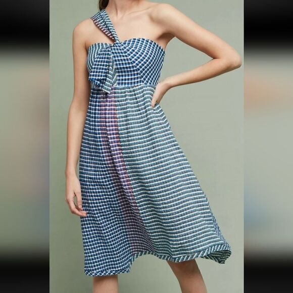 ANTHROPOLOGIE MAEVE One Shoulder Gingham Waverly Dress Blue Motif Size 8 - Picture 8 of 12